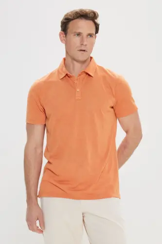 Erkek Turuncu Slim Fit Dar Kesim Polo Yaka Düz Casual Tişört-Turuncu - 3