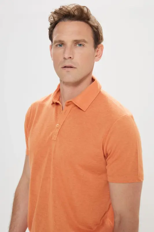 Erkek Turuncu Slim Fit Dar Kesim Polo Yaka Düz Casual Tişört-Turuncu - 6