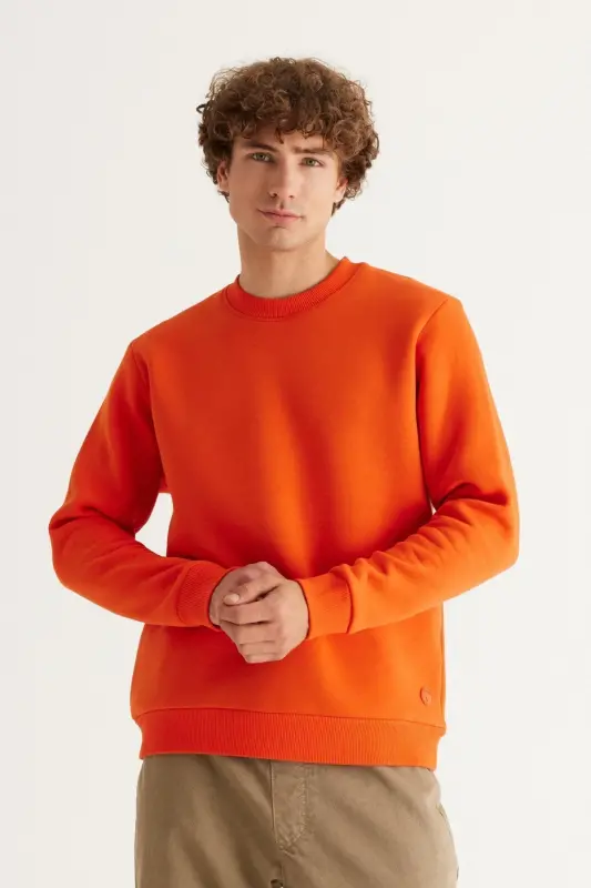Erkek Turuncu Standart Fit Normal Kesim Içi Polarlı 3 Iplik Bisiklet Yaka Pamuklu Sweatshirt - Turuncu - 3