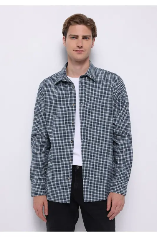 Regular Fit Shirt Neck Kareli Erkek Lacivert Uzun Kol Gömlek - COLIN’S