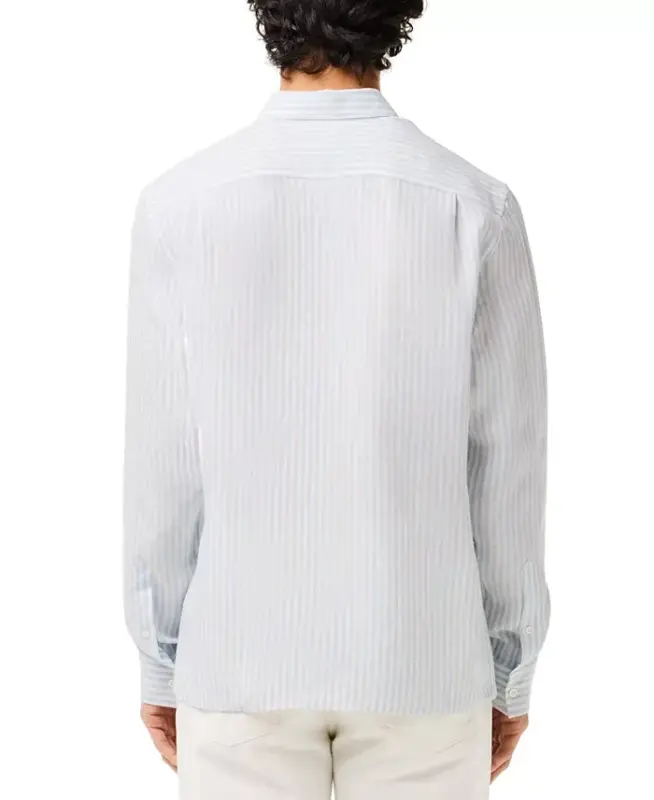Men's Long Sleeve Striped Button-Down Linen Shirt - E7B - Panorama/Blanc - 2