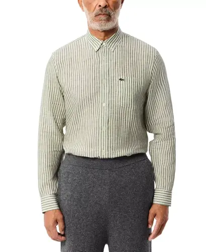 Men's Long Sleeve Striped Button-Down Linen Shirt - ICD - Khaki 