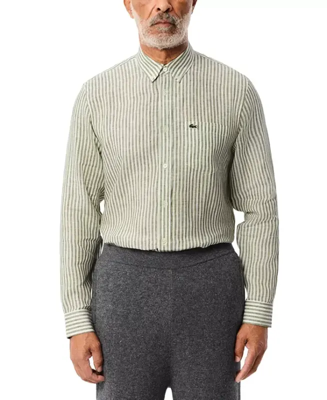 Men's Long Sleeve Striped Button-Down Linen Shirt - ICD - Khaki - 1