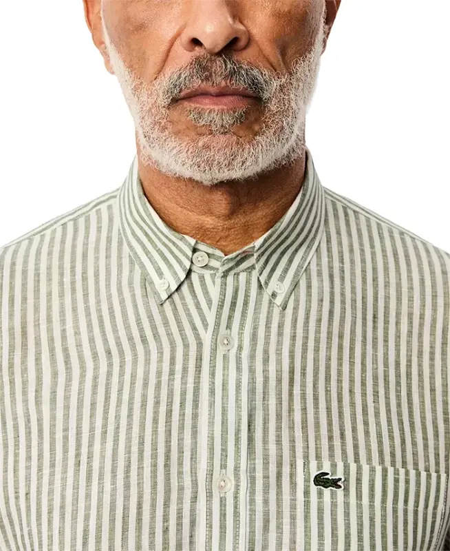 Men's Long Sleeve Striped Button-Down Linen Shirt - ICD - Khaki - 3