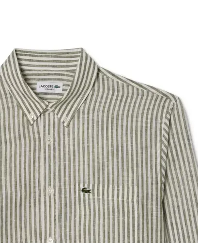 Men's Long Sleeve Striped Button-Down Linen Shirt - ICD - Khaki - 4