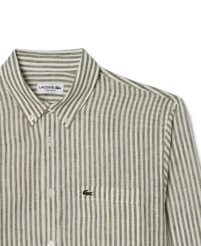 Men's Long Sleeve Striped Button-Down Linen Shirt - ICD - Khaki - 4
