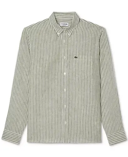 Men's Long Sleeve Striped Button-Down Linen Shirt - ICD - Khaki - 6