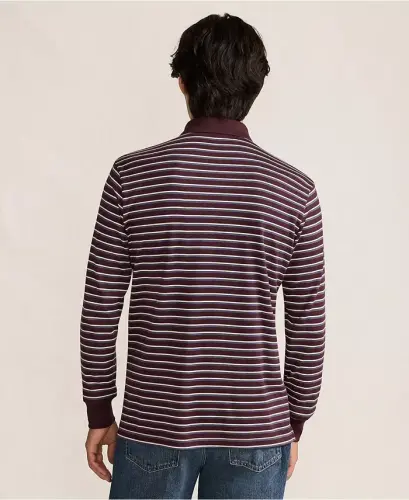 Erkek Uzun Kollu Pamuklu Supima Polo Gömlek - Canlı bordo/mavi çizgili - 2