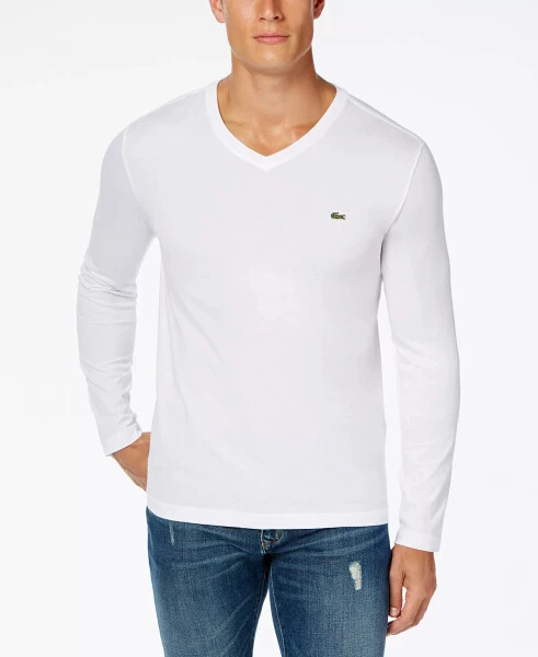 Men's V-Neck Casual Long Sleeve Jersey T-Shirt-001 - White - Lacoste