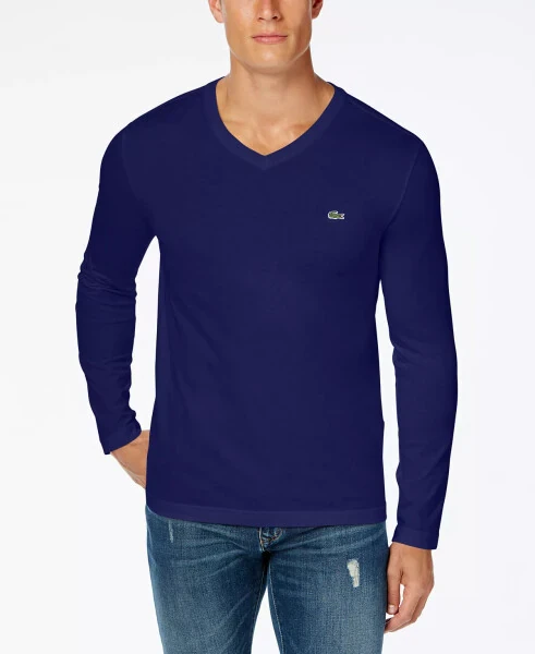 Men's V-Neck Casual Long Sleeve Jersey T-Shirt-166 - Navy - Lacoste