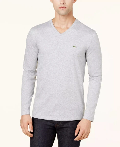 Men's V-Neck Casual Long Sleeve Jersey T-Shirt-CCA - Silver - Lacoste