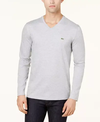 Men's V-Neck Casual Long Sleeve Jersey T-Shirt - CCA - Silver 
