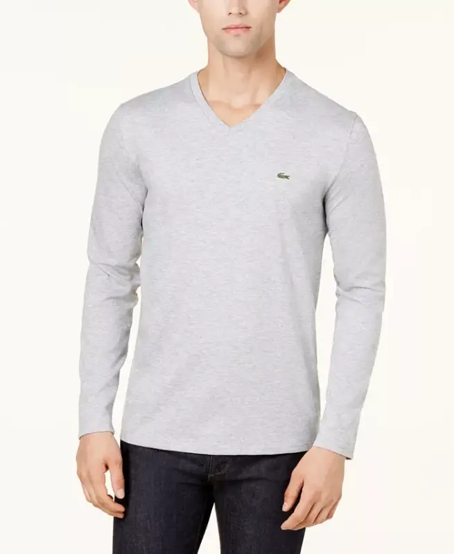 Men's V-Neck Casual Long Sleeve Jersey T-Shirt - CCA - Silver - 1