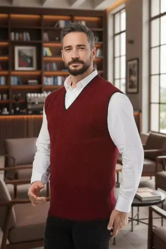 Erkek Bordo Tüylenme Yapmayan Anti-pilling Standart Fit Saç Örgü Desenli Triko Süveter-Bordo - 1