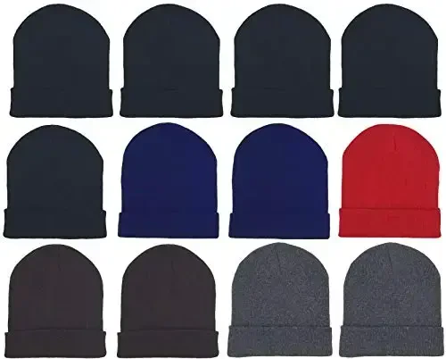 12 Pack Winter Beanie Hats for Men Women, Warm Cozy Knitted Cuffed Skull Cap, Wholesale 