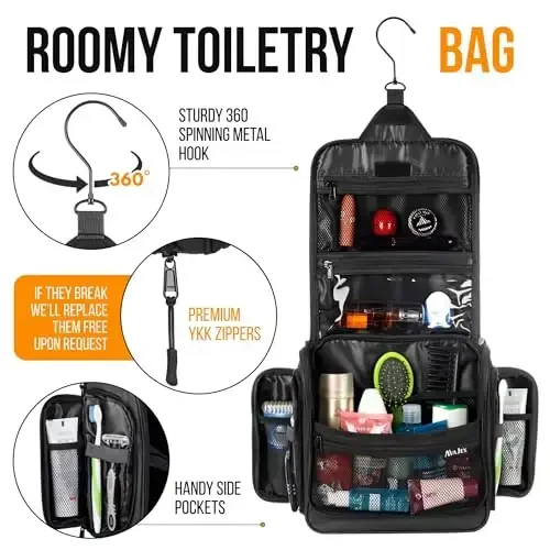 Travel Toiletry Bag for Men and Women - (10.6”x10.6”x3.2”) Large Hanging Toiletry Organizer - Waterproof Hygiene Bag with Metal XXL Swivel Hook, with Sturdy Zippers and 19 Compartments for Toiletries - 3