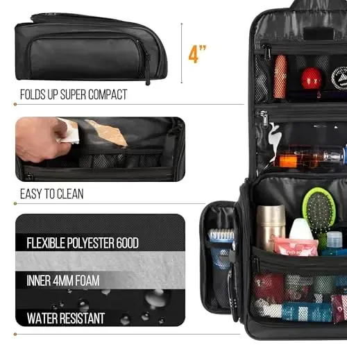 Travel Toiletry Bag for Men and Women - (10.6”x10.6”x3.2”) Large Hanging Toiletry Organizer - Waterproof Hygiene Bag with Metal XXL Swivel Hook, with Sturdy Zippers and 19 Compartments for Toiletries - 4