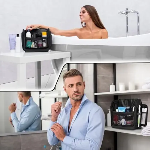 Travel Toiletry Bag for Men and Women - (10.6”x10.6”x3.2”) Large Hanging Toiletry Organizer - Waterproof Hygiene Bag with Metal XXL Swivel Hook, with Sturdy Zippers and 19 Compartments for Toiletries - TRAVEL (1)