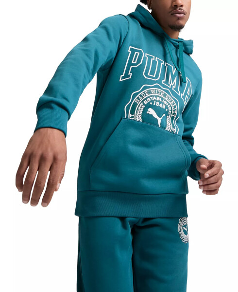 Erkek Vintage Spor Logo Baskılı Polar Kapüşonlu Sweatshirt Soğuk Yeşil - 1