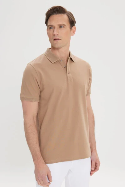 Erkek Vizon %100 Pamuk Kıvrılmaz Pike Polo Yaka Slim Fit Dar Kesim Tişört-Vizon - ALTINYILDIZ CLASSICS