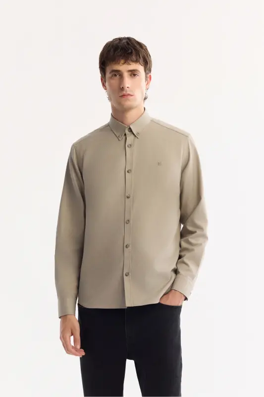 Erkek Vizon Düğmeli Yaka Pamuklu Soft Touch Regular Fit Gömlek B002036-Vizon - 1