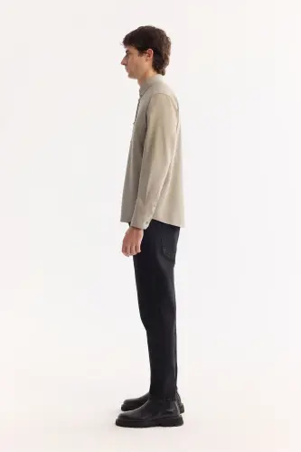 Erkek Vizon Düğmeli Yaka Pamuklu Soft Touch Regular Fit Gömlek B002036 - Vizon - 3