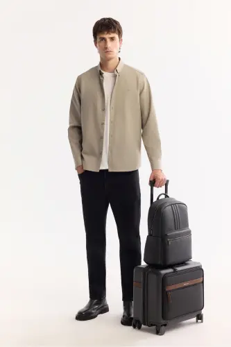 Erkek Vizon Düğmeli Yaka Pamuklu Soft Touch Regular Fit Gömlek B002036 - Vizon - 6