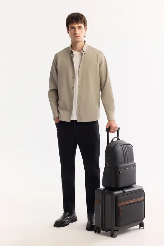 Erkek Vizon Düğmeli Yaka Pamuklu Soft Touch Regular Fit Gömlek B002036 - Vizon - 6