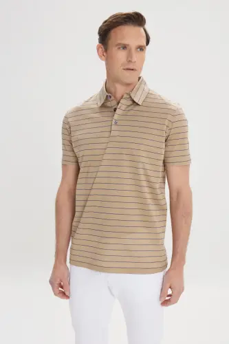 Erkek Vizon-Lacivert Regular Fit Rahat Kesim %100 Pamuk Çizgili Polo Yaka Tişört-Vizon - 1