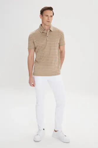 Erkek Vizon-Lacivert Regular Fit Rahat Kesim %100 Pamuk Çizgili Polo Yaka Tişört-Vizon - ALTINYILDIZ CLASSICS (1)