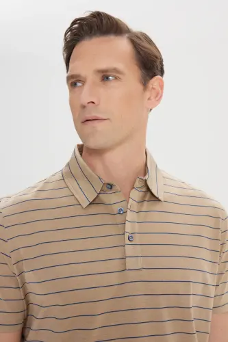 Erkek Vizon-Lacivert Regular Fit Rahat Kesim %100 Pamuk Çizgili Polo Yaka Tişört-Vizon - 4