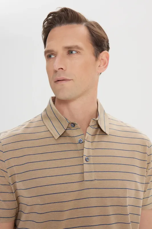 Erkek Vizon-Lacivert Regular Fit Rahat Kesim %100 Pamuk Çizgili Polo Yaka Tişört-Vizon - 4