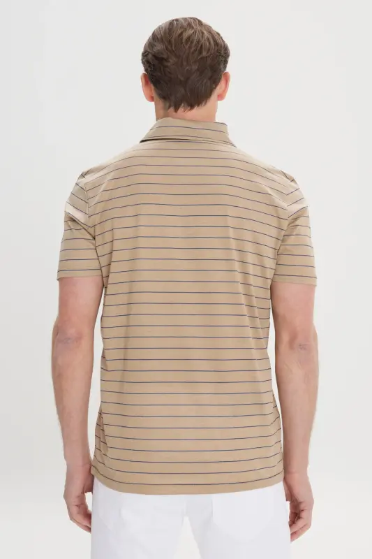 Erkek Vizon-Lacivert Regular Fit Rahat Kesim %100 Pamuk Çizgili Polo Yaka Tişört-Vizon - 5