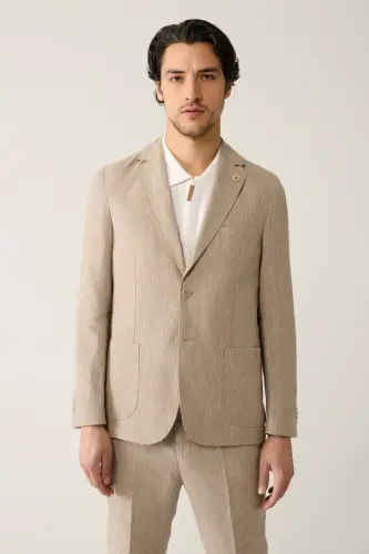 Erkek Vizon Astarsız Keten Karışımlı Comfort Slim Fit Takım Elbise Ceketi A41Y4060 - Vizon - 3