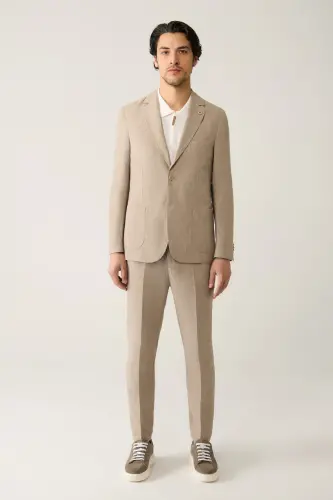 Erkek Vizon Astarsız Keten Karışımlı Comfort Slim Fit Takım Elbise Ceketi A41Y4060 - Vizon - 5