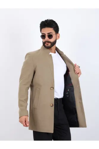 Erkek Vizon Slim Fit Dik Yaka Kaşe Kaban - VİZON - 4