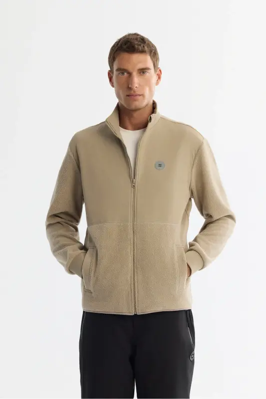 Erkek Vizon Soğuğa Dayanıklı Dik Yaka Fermuarlı Polar Regular Fit Sweatshirt A42Y1311 - Vizon - 1