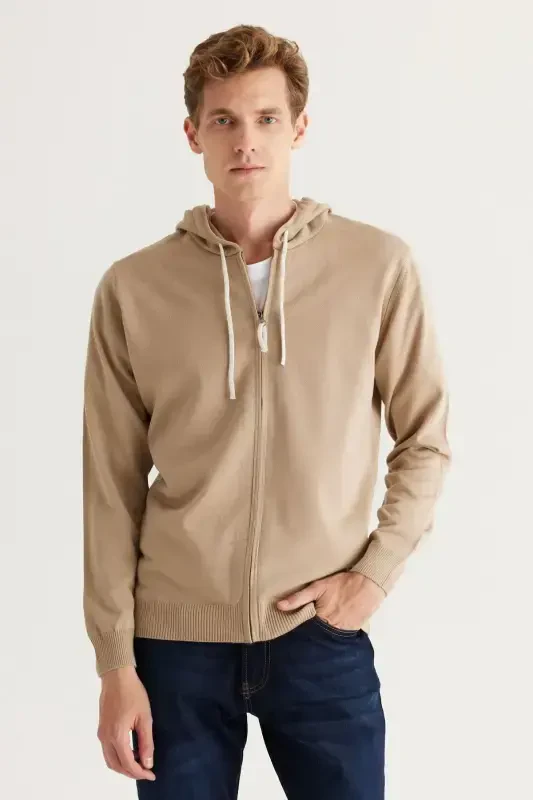 Erkek Vizon Standart Fit Normal Kesim Kapüşonlu Pamuklu Triko Hırka-Vizon - ALTINYILDIZ CLASSICS