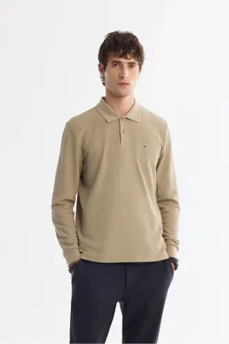 Erkek Vizon Polo Yaka Pamuklu Basic Slim Fit Sweatshirt B001080 - Vizon 