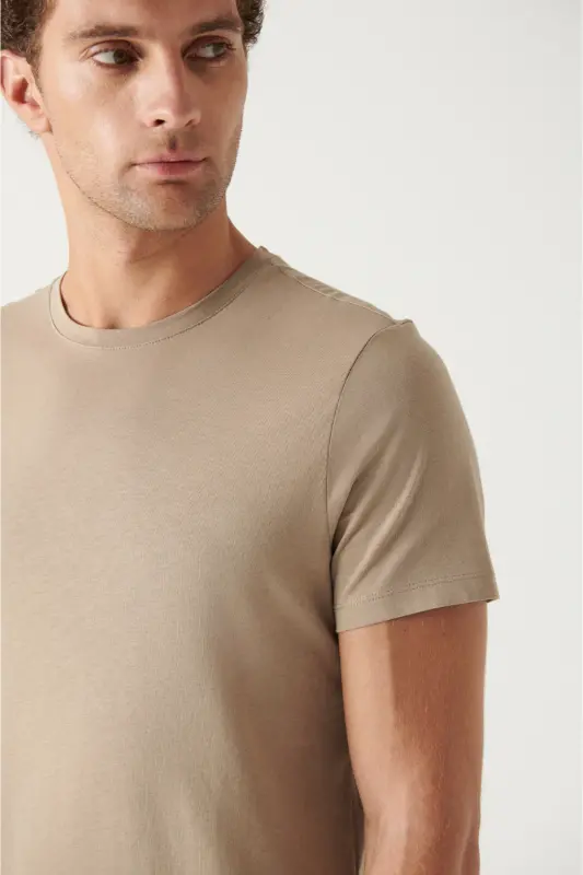 Erkek Vizon Basic Pamuklu T-shirt E001000 - Vizon - 2