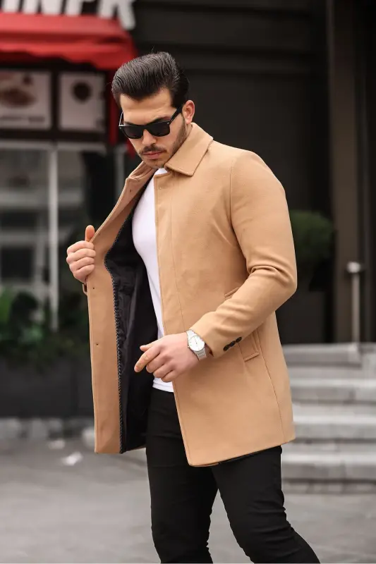 Erkek Vizyon Dar Kesim Yün Karışımlı Kaşe Gömlek Yaka Palto Kaban - VİZYON - 4
