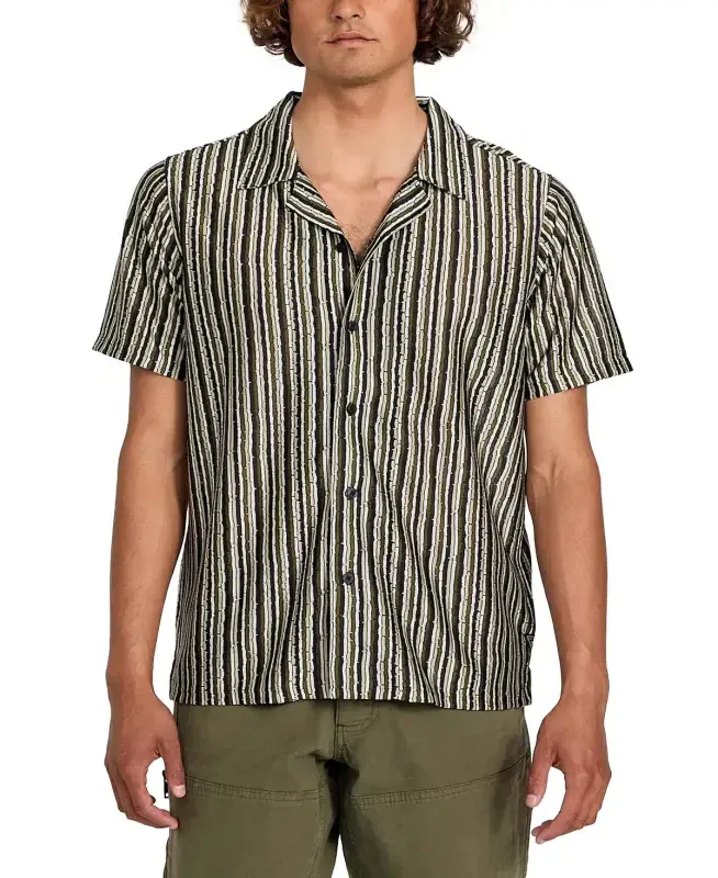 Men's Wyatt Short Sleeve Striped Button-Front Camp-Olive Morning - GUESS