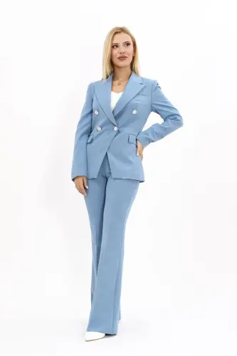 Erkek Yaka Çapraz Ceket & İspanyol Paça Pantolon-Deniz-Deniz 