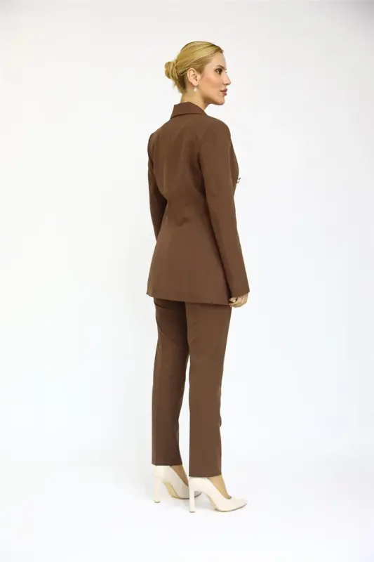 Erkek Yaka Kuruvaze Blazer Ceket & Dar Paça Pantolon-Kestane - Kestane - 4