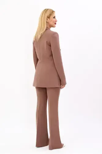 Erkek Yaka Kuruvaze Blazer Ceket & İspanyol Paça Pantolon-Kahve-Kahve - 4