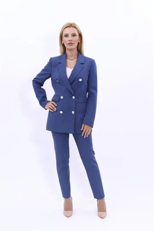 Erkek Yaka Kuruvaze Blazer Ceket & Dar Paça Pantolon-İndigo - İndigo - 5