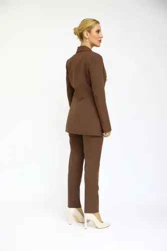 Erkek Yaka Kuruvaze Blazer Ceket & Dar Paça Pantolon-Kestane-Kestane - 4