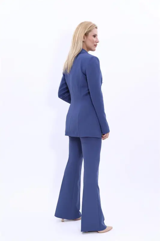 Erkek Yaka Kuruvaze Blazer Ceket & İspanyol Paça Pantolon-İndigo - İndigo - 4