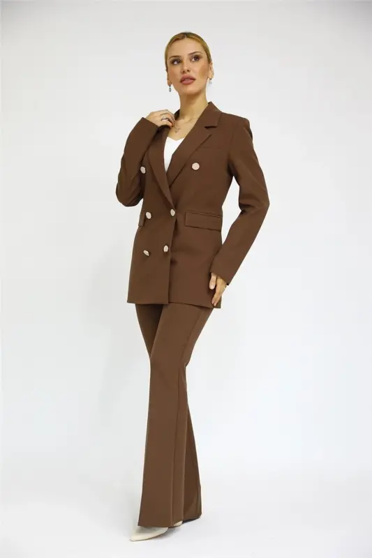 Erkek Yaka Kuruvaze Blazer Ceket & İspanyol Paça Pantolon-Kestane-Kestane - 1