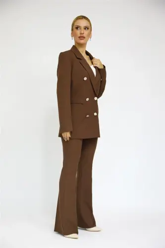 Erkek Yaka Kuruvaze Blazer Ceket & İspanyol Paça Pantolon-Kestane-Kestane - 3